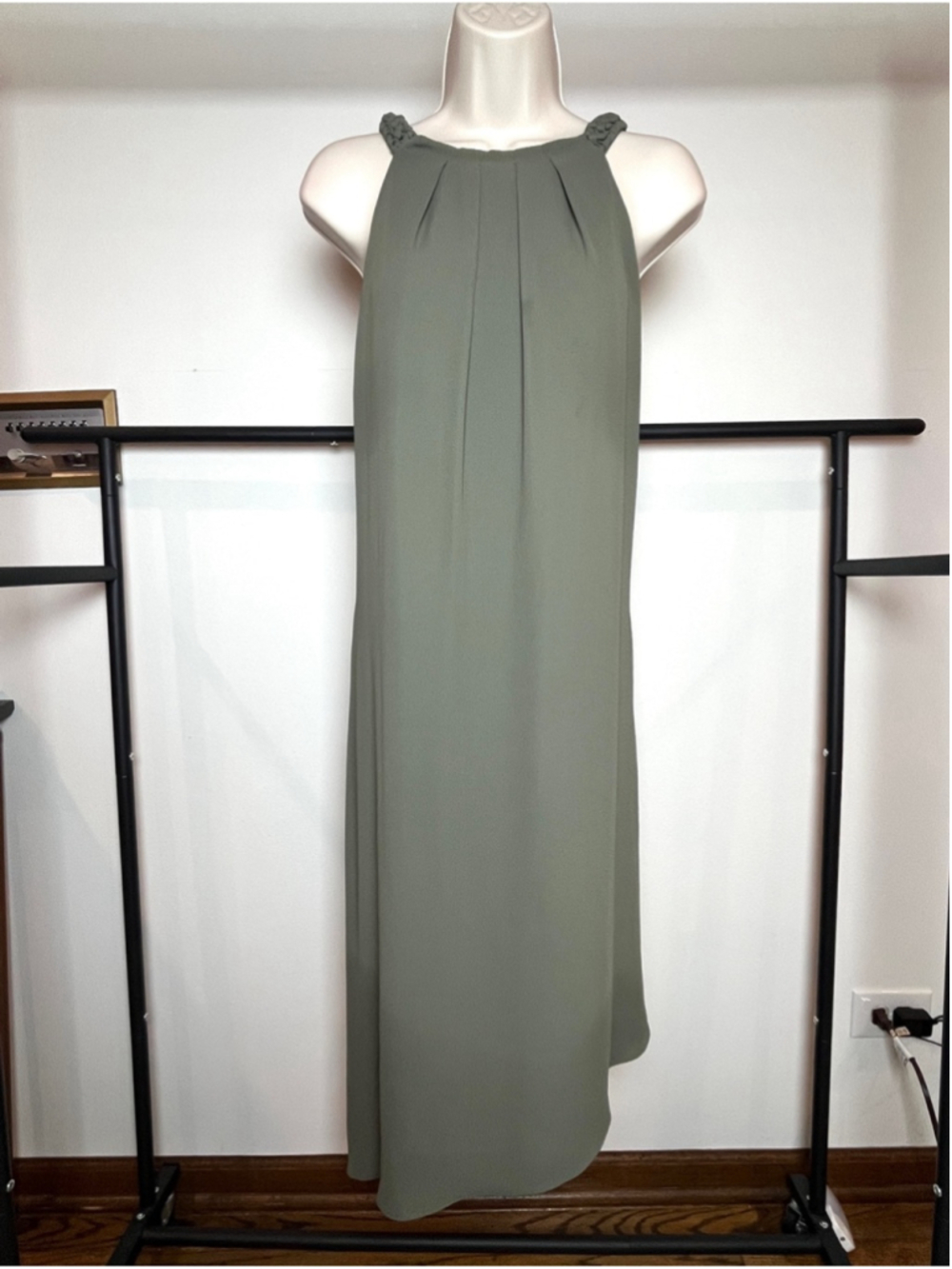 Halter Midi Dress Olive Green Large Minimalist Event Casual Office Cottage